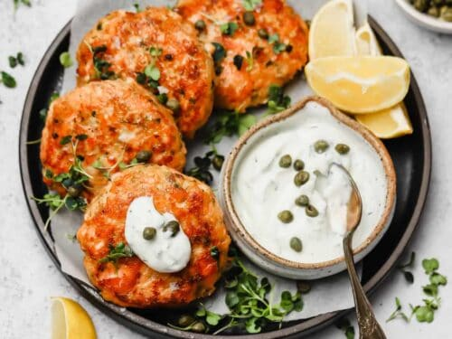 DASH Diet Salmon Patties with Yogurt Dill Sauce